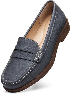 Women's Grey Leather Penny Loafers Slip On Flats Comfortable Walking Shoes